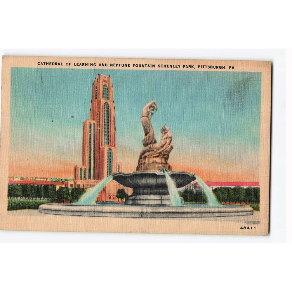 Vintage Pittsburgh PA Cathedral of Learning Neptune Fountain Linen Postcard 1944